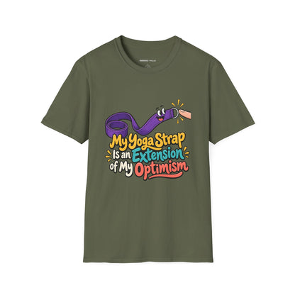 Graphic fitness T-shirt featuring the "My Yoga Strap Is an Extension of My Optimism" design.
