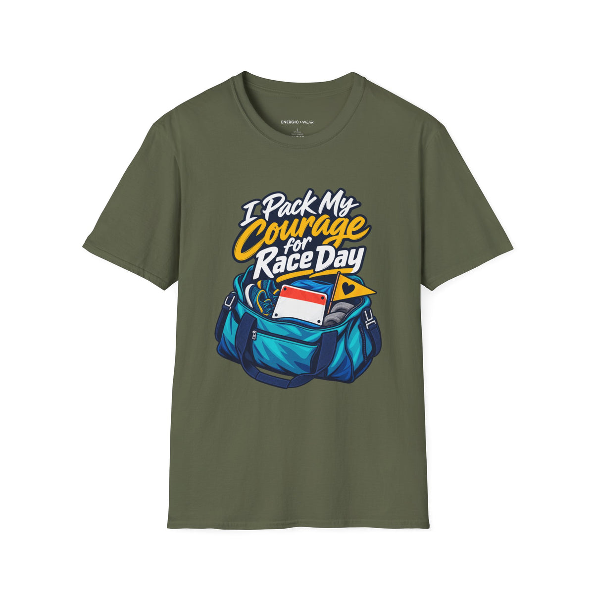Graphic fitness T-shirt featuring the "I Pack My Courage for Race Day" design.