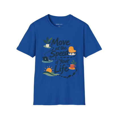 Graphic fitness T-shirt featuring the "Move at the Speed of Your Life" design.