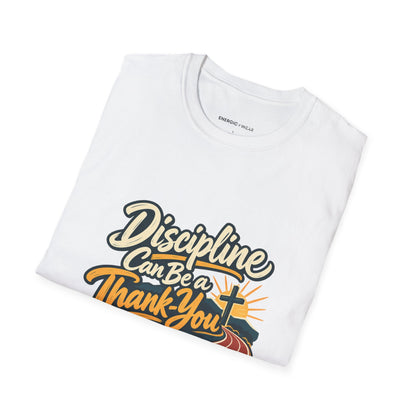 Graphic fitness T-shirt featuring the "Discipline Can Be a Thank-You" design.