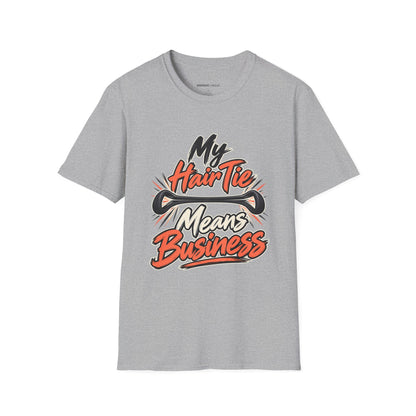 Graphic fitness T-shirt featuring the "My Hair Tie Means Business" design.