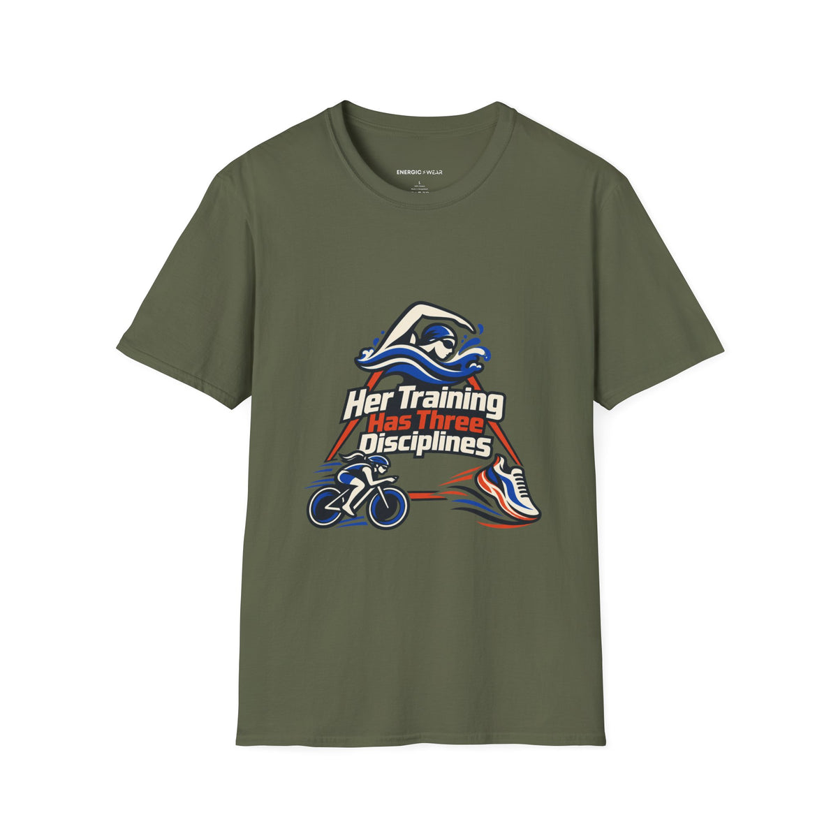 Graphic fitness T-shirt featuring the "Her Training Has Three Disciplines" design.