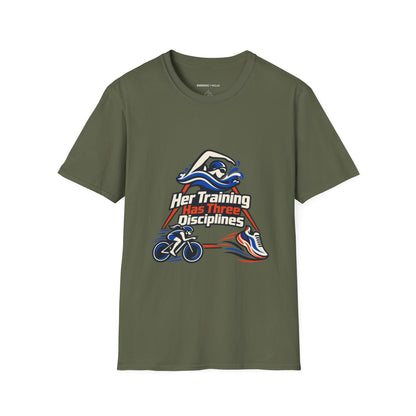 Graphic fitness T-shirt featuring the "Her Training Has Three Disciplines" design.