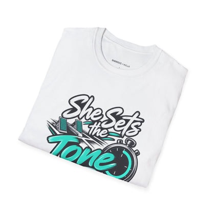 Graphic fitness T-shirt featuring the "She Sets the Tone Before the Timer" design.