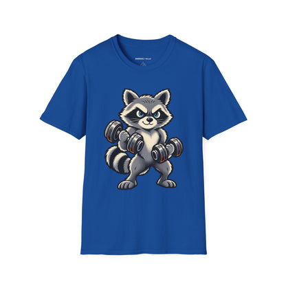 Graphic fitness T-shirt featuring the "Muscular Raccoon" design.