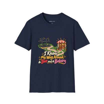 Graphic fitness T-shirt featuring the "I Know My Way Around a Bar and a Bakery" design.