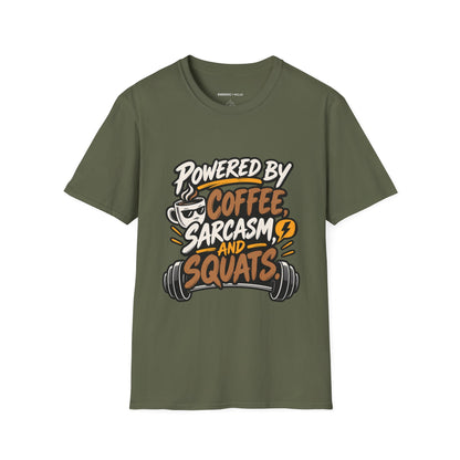 Graphic fitness T-shirt featuring the "Powered by Coffee, Sarcasm and Squats" design.