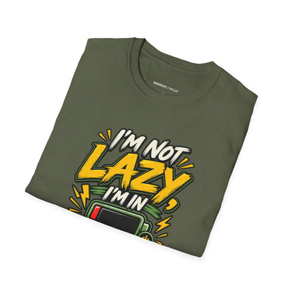 Graphic fitness T-shirt featuring the "I'm Not Lazy, I'm in Energy Saving Mode" design.