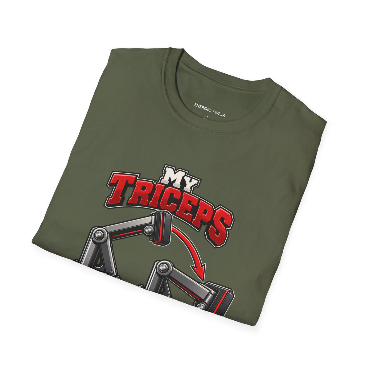 Graphic fitness T-shirt featuring the "My Triceps Finish What My Chest Starts" design.