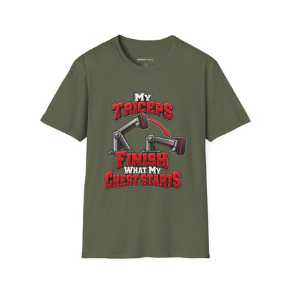 Graphic fitness T-shirt featuring the "My Triceps Finish What My Chest Starts" design.