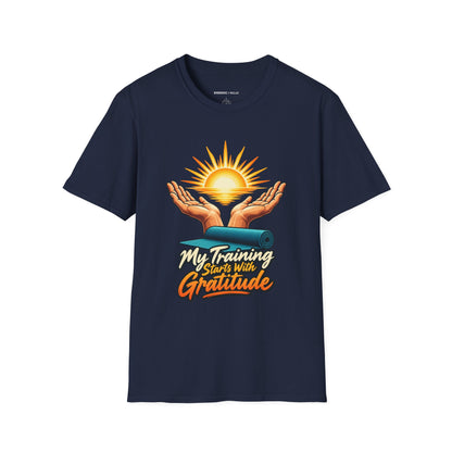 Graphic fitness T-shirt featuring the "My Training Starts with Gratitude" design.