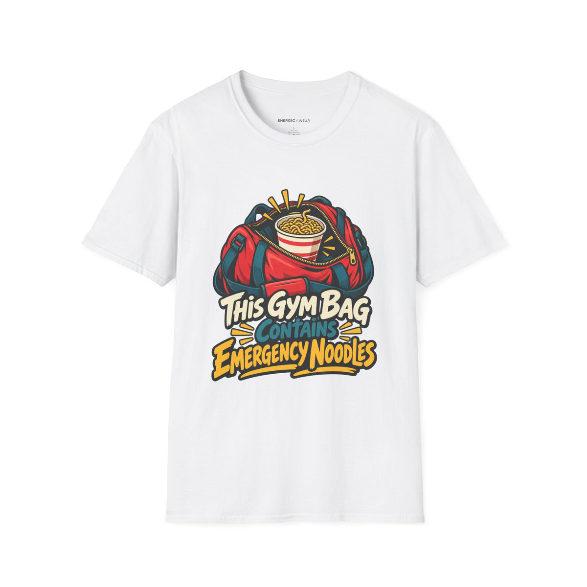 Graphic fitness T-shirt featuring the "This Gym Bag Contains Emergency Noodles" design.