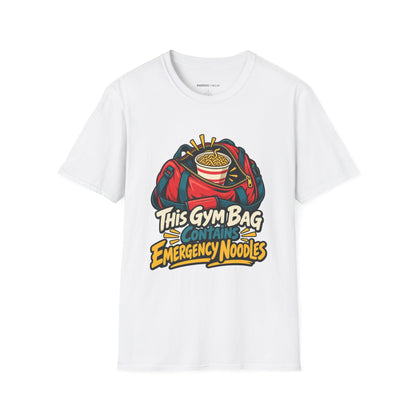 Graphic fitness T-shirt featuring the "This Gym Bag Contains Emergency Noodles" design.