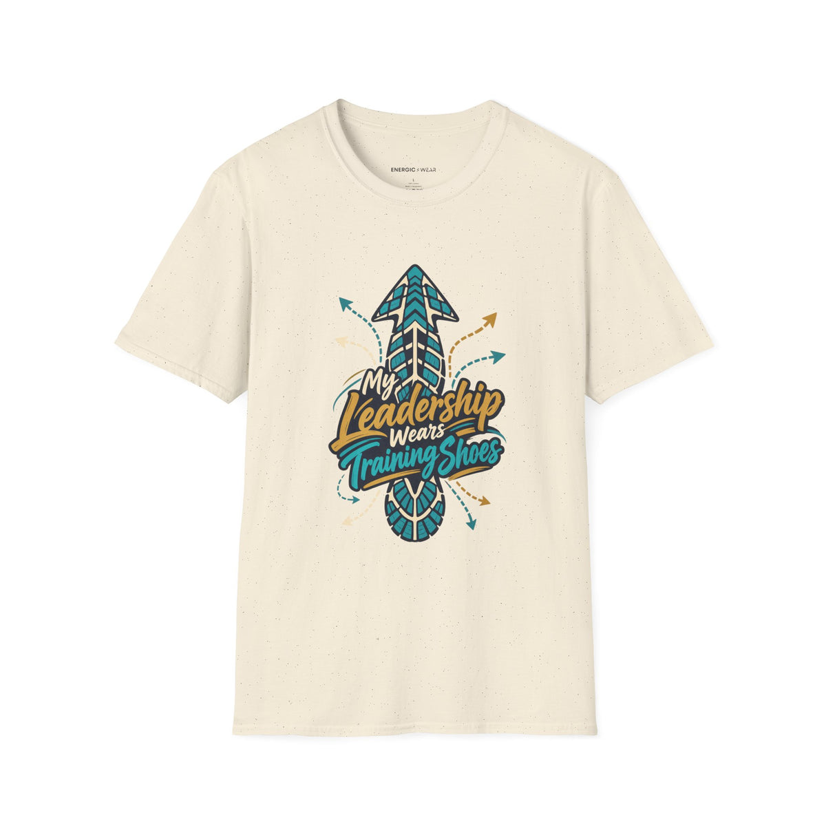 Graphic fitness T-shirt featuring the "My Leadership Wears Training Shoes" design.
