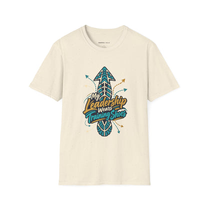 Graphic fitness T-shirt featuring the "My Leadership Wears Training Shoes" design.