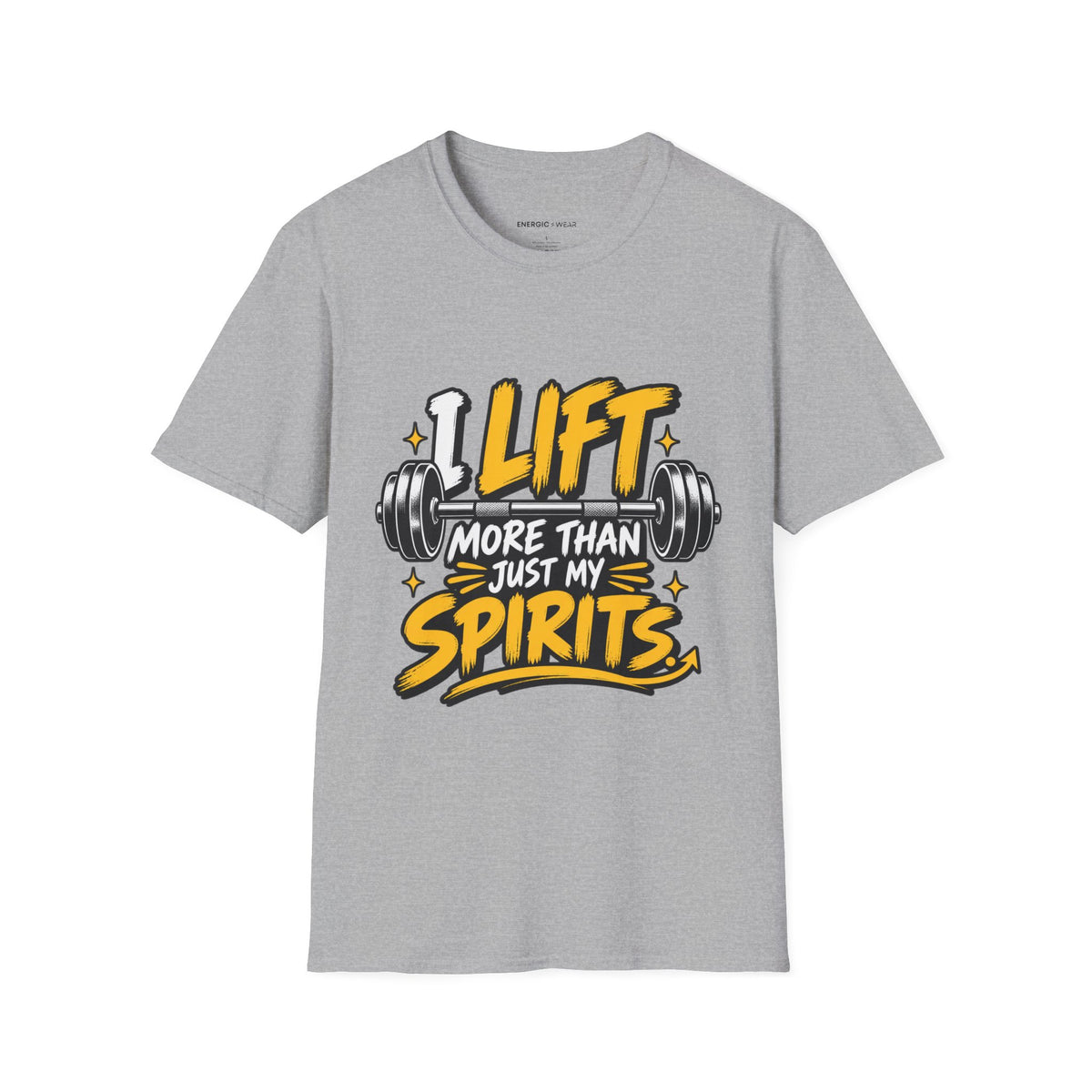 Graphic fitness T-shirt featuring the "I Lift More Than My Spirits" design.