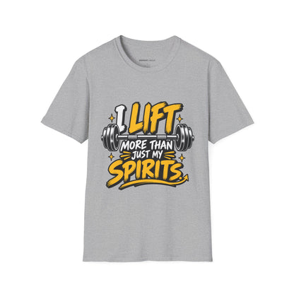 Graphic fitness T-shirt featuring the "I Lift More Than My Spirits" design.
