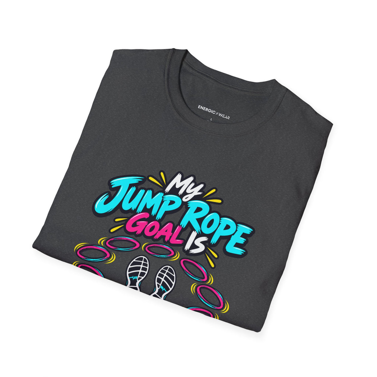 Graphic fitness T-shirt featuring the "My Jump Rope Goal Is Ten Unbroken Turns" design.