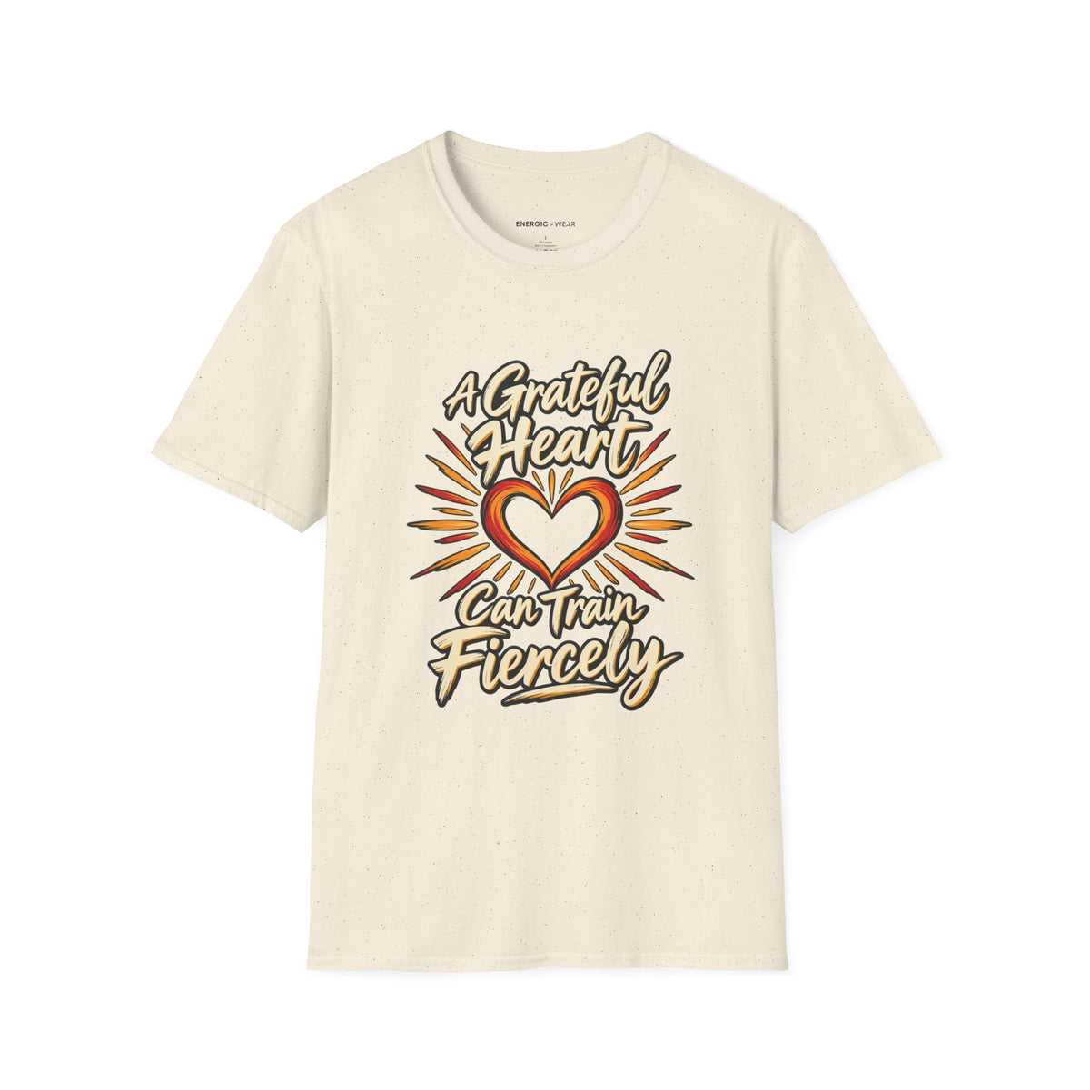 Graphic fitness T-shirt featuring the "A Grateful Heart Can Train Fiercely" design.