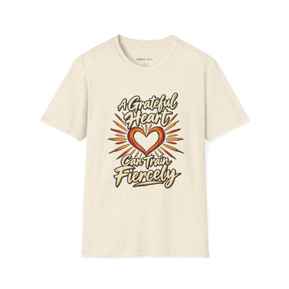 Graphic fitness T-shirt featuring the "A Grateful Heart Can Train Fiercely" design.