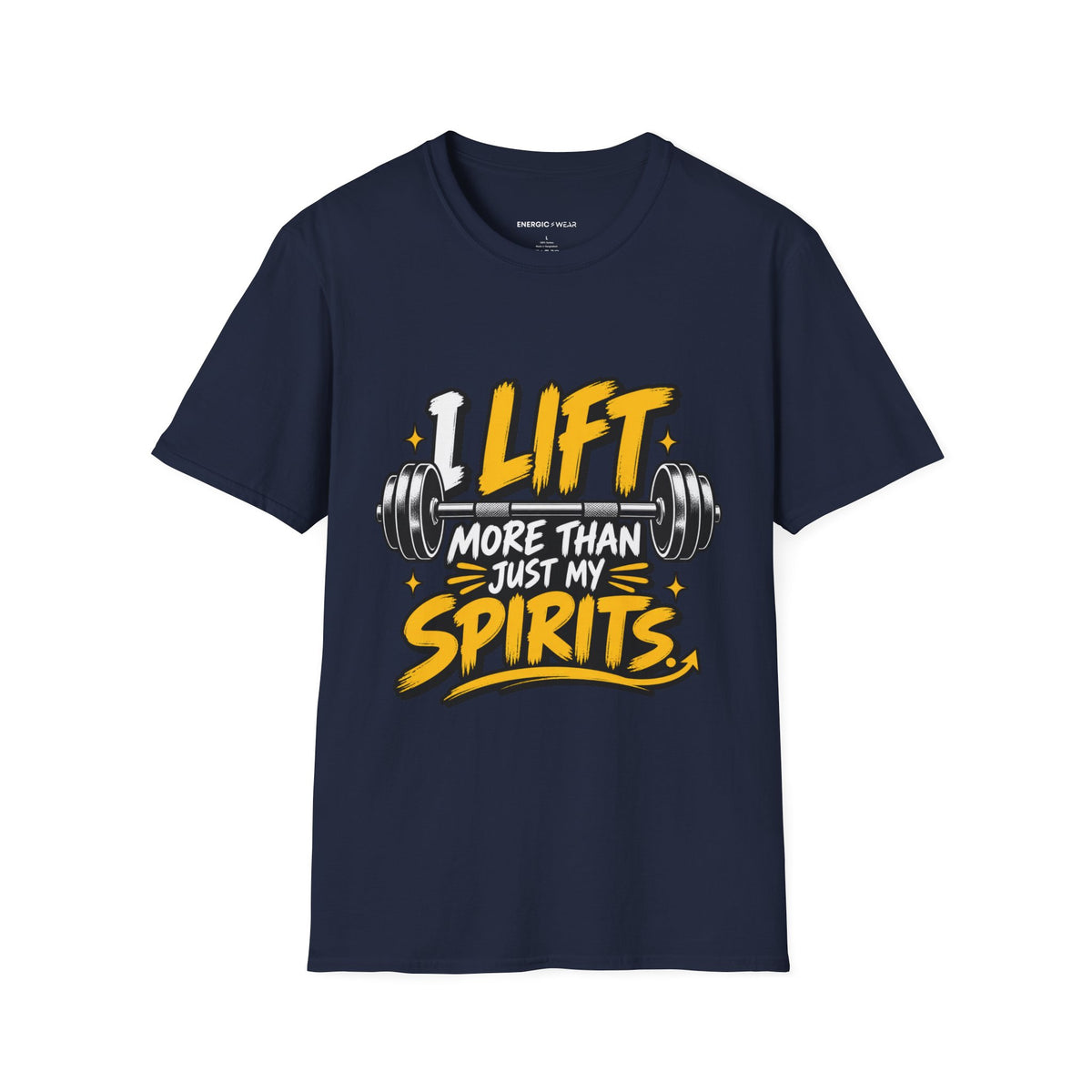 Graphic fitness T-shirt featuring the "I Lift More Than My Spirits" design.
