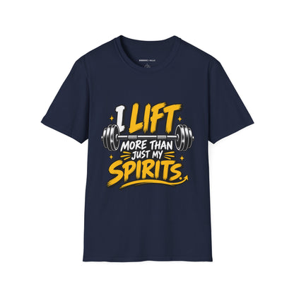 Graphic fitness T-shirt featuring the "I Lift More Than My Spirits" design.