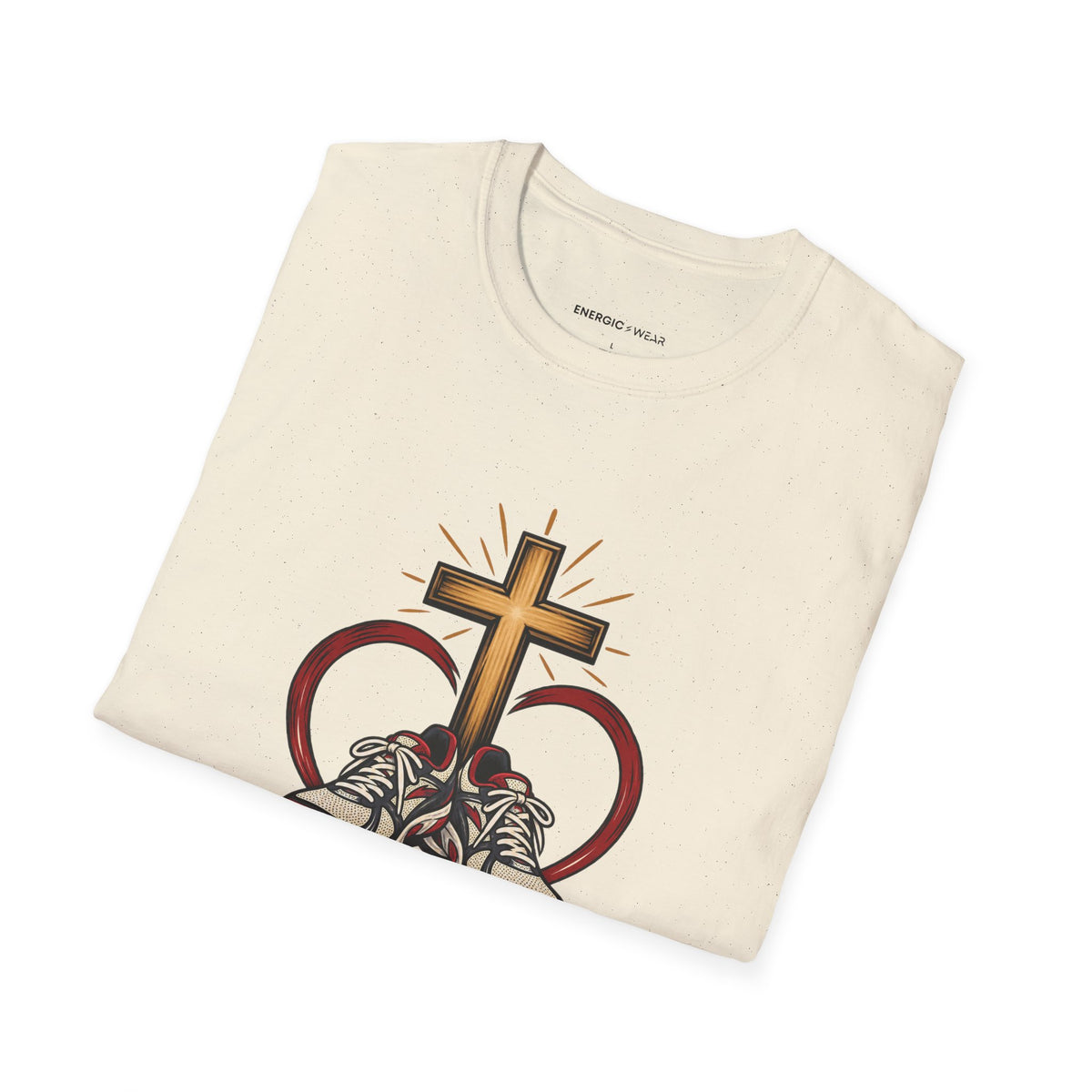 Graphic fitness T-shirt featuring the "An Open Heart and a Ready Pair of Shoes" design.