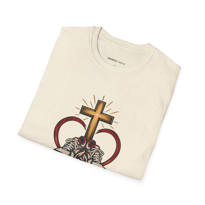 Graphic fitness T-shirt featuring the "An Open Heart and a Ready Pair of Shoes" design.