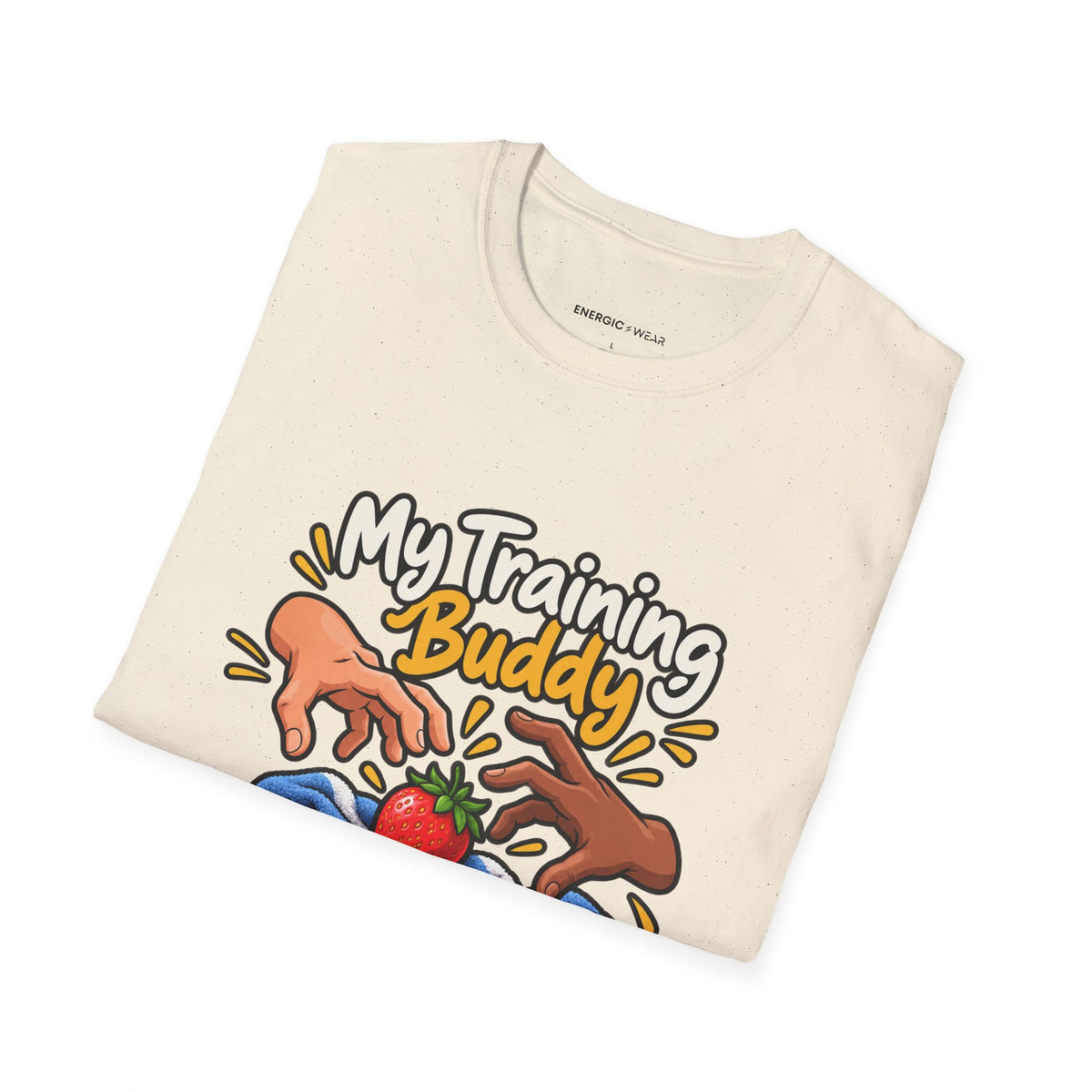 Graphic fitness T-shirt featuring the "My Training Buddy Stole the Last Strawberry" design.