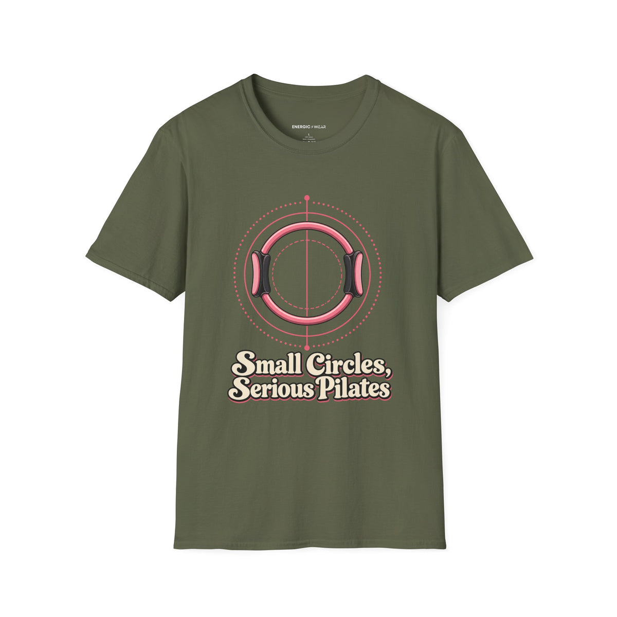 Graphic fitness T-shirt featuring the "Small Circles Serious Pilates" design.
