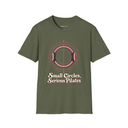 Graphic fitness T-shirt featuring the "Small Circles Serious Pilates" design.