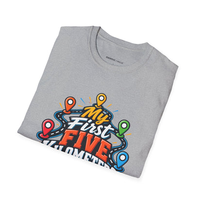 Graphic fitness T-shirt featuring the "My First Five Kilometers Are Personal" design.