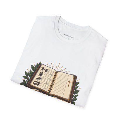 Graphic fitness T-shirt featuring the "My Training Journal Leaves Room for Prayer" design.