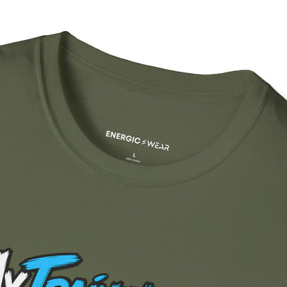 Graphic fitness T-shirt featuring the "My Training App Has Never Met My Laundry" design.