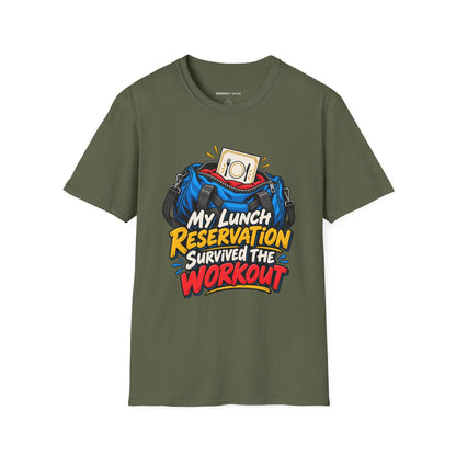 Graphic fitness T-shirt featuring the "My Lunch Reservation Survived the Workout" design.