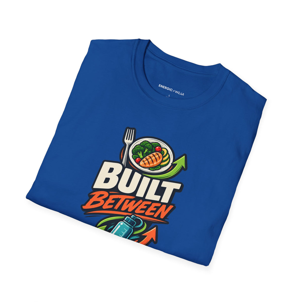 Graphic fitness T-shirt featuring the "Built Between Meals" design.