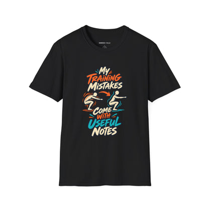 Graphic fitness T-shirt featuring the "My Training Mistakes Come With Useful Notes" design.