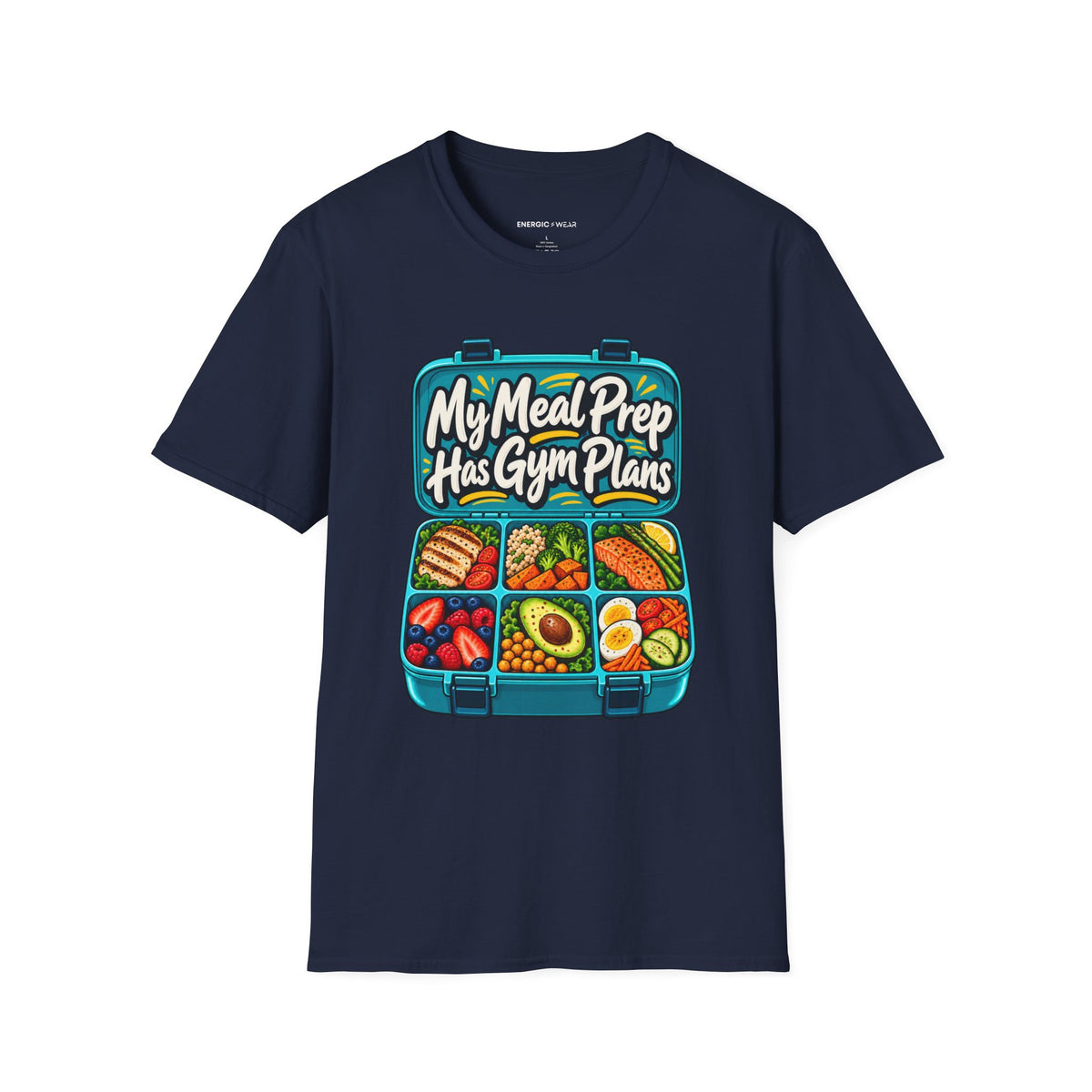 Graphic fitness T-shirt featuring the "My Meal Prep Has Gym Plans" design.