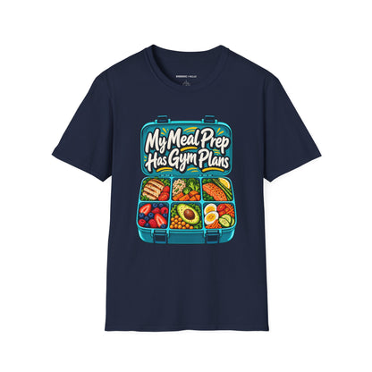 Graphic fitness T-shirt featuring the "My Meal Prep Has Gym Plans" design.