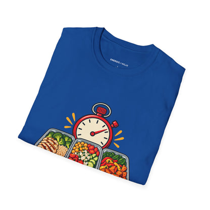 Graphic fitness T-shirt featuring the "I Batch-Cook with a Stopwatch" design.
