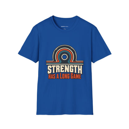 Graphic fitness T-shirt featuring the "Strength Has a Long Game" design.