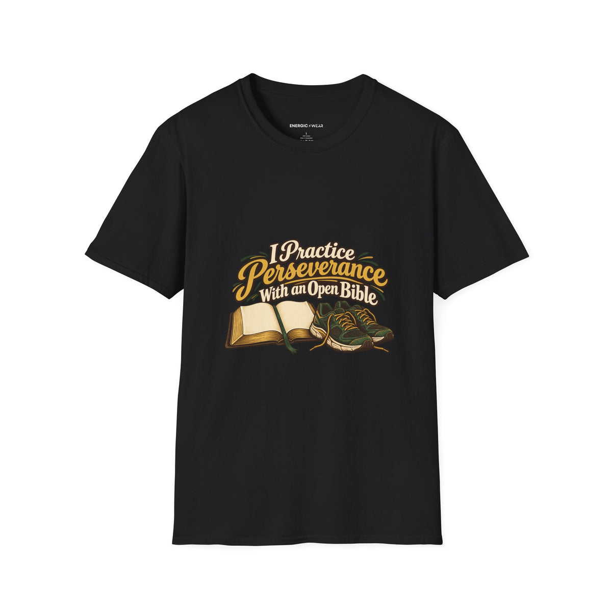 Graphic fitness T-shirt featuring the "I Practice Perseverance with an Open Bible" design.