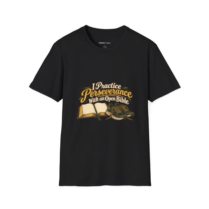 Graphic fitness T-shirt featuring the "I Practice Perseverance with an Open Bible" design.