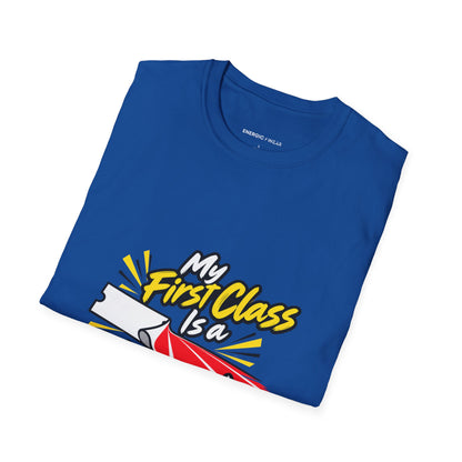 Graphic fitness T-shirt featuring the "My First Class Is a Starting Line" design.