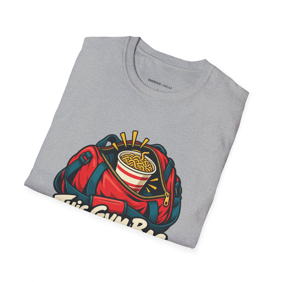 Graphic fitness T-shirt featuring the "This Gym Bag Contains Emergency Noodles" design.