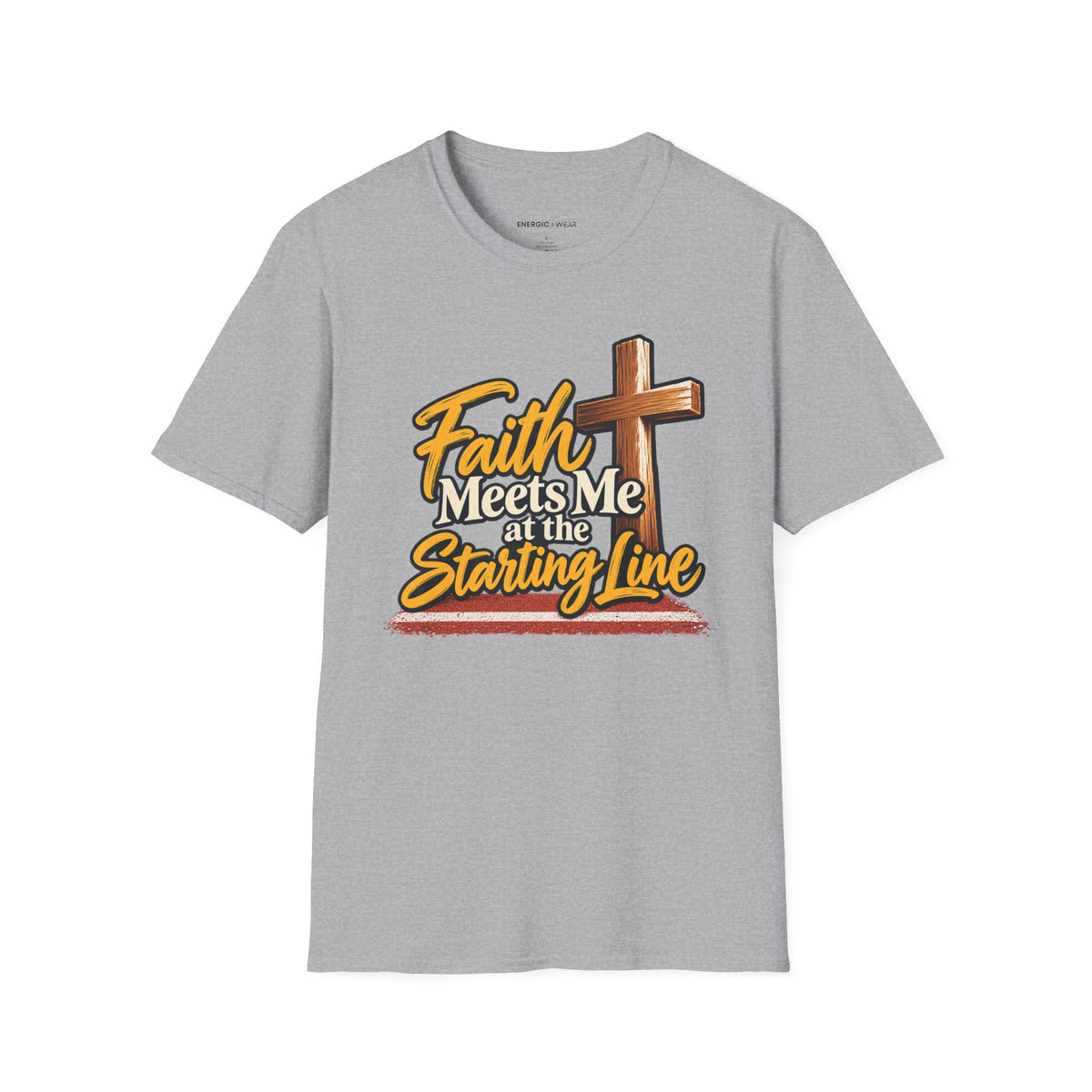 Graphic fitness T-shirt featuring the "Faith Meets Me at the Starting Line" design.