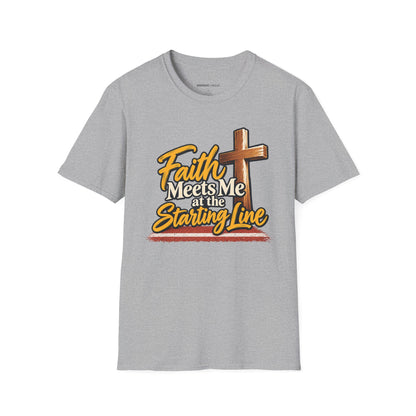 Graphic fitness T-shirt featuring the "Faith Meets Me at the Starting Line" design.
