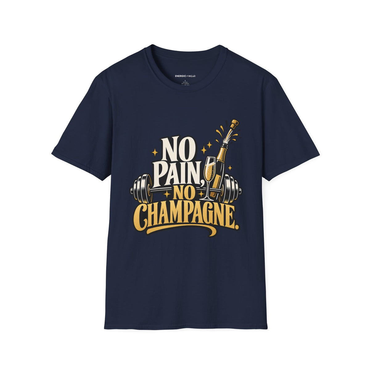 Graphic fitness T-shirt featuring the "No Pain, No Champagne" design.