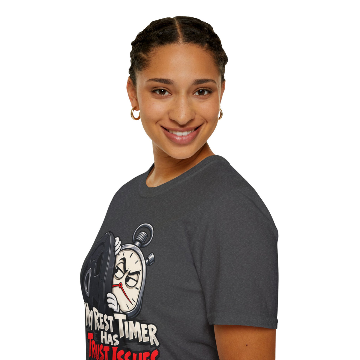 Graphic fitness T-shirt featuring the "My Rest Timer Has Trust Issues" design.