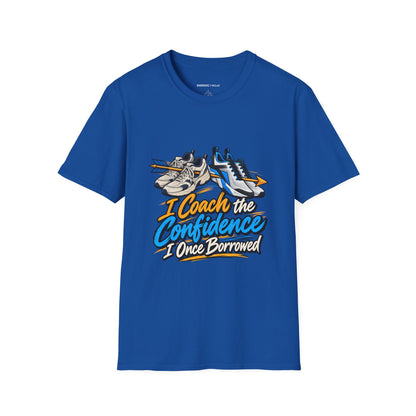 Graphic fitness T-shirt featuring the "I Coach the Confidence I Once Borrowed" design.